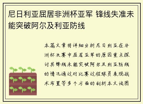 尼日利亚屈居非洲杯亚军 锋线失准未能突破阿尔及利亚防线